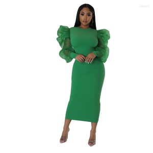 Casual Dresses Echoine Solid Bodycon Woman O Neck Sheer Organza Puff Sleeve Office Lady Dinner Dinner Outfits 2023 Spring Vestidos