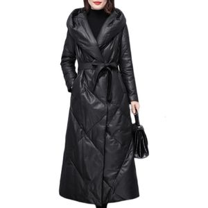 Women's Jackets 2023 Elegant Women Winter Sheepskin Leather Down Coat Female Long Thickened Warm Hooded Plus Size Slim Jacket OK1300 230310