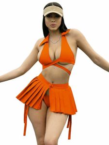 Women's Swimwear 3 Piece Set Swimsuit And Cover Up Skirt Sets 2022 Sexy Women Swimwear Beach Wear V-Neck Bandage Bikini Cover Up Three Piece Set Y2303