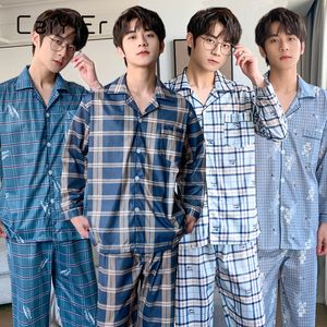 メンズスリープウェアCaiyier Striped Men Sleepwear Leng Sleeve Cardigan Long Pants Nightwear Male Pajama秋の冬ローン摩耗プラスサイズ2xl-4xl 230311