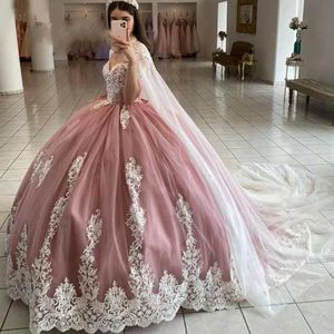 Quinceanera Dressesエレガントなマントの恋人レースアップリケボールガウンチュールプラスサイズ甘い16デビュータンテパーティー誕生日Vestidos de 15 Anos 36