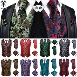 Mäns västar Hi-Tie Brand 30 färger Silk Mens Vests Jacquard Paisley Floral midja kappa jacka slips Hanky ​​manschettknappar för män ärmlös xxxl 230310