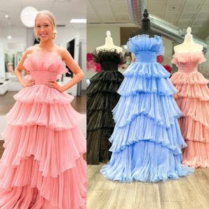 Strapless Ruffle Prom Dress 2k23 Ball Gown Layered Voluminous Skirt Empire Periwinkle Lady Pageant Formal Evening Event Party Runway Black-Tie Gala Quince Rose