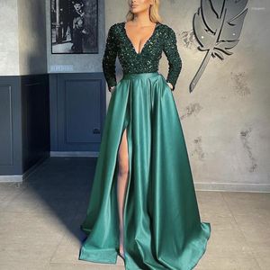 Casual Dresses Elegant V Neck Sequin Maxi Dress Golvlängd slits fullärmad lapptäcke bollklänning med fickor grön svart