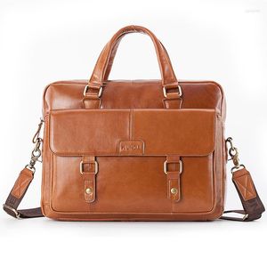 Bortkörningar Luxury Cow äkta läder Mäns portföljväskor Dokument Business Handbag Laptop Crossbody Brown Men Real Messenger Bag