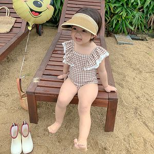 2023 Baby Girls Houndstooth Falbala One-Piece Baddräkter Summer Barn Spet Swimming Designer Kids Spa Beach Badkläder S2165