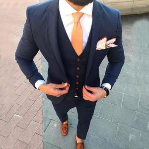 Erkekler 3 adet lacivert sıradan erkekler iş ince fit düğün smokin damat giymek damat balo kostümü kostüm homme