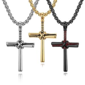 Chains Men's Cross Necklace Stainless Steel Baseball Bat Shaped Pendant Box Chain Christians Male Religious Jewelry Gift