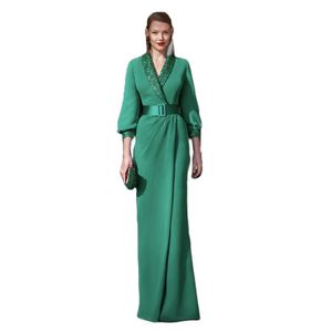 Elegant Green Straight Evening Dresses Sequin Collar Satin Formal Gown with Three Quater Sleeve Reception Dress