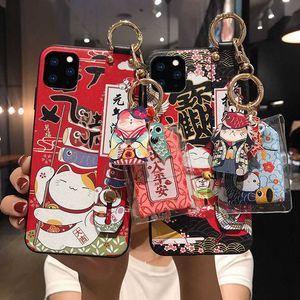 Mobiltelefonfodral Lucky Cat Wristband Bracket Shell Telefonfodral för Redmi Note 7 8 9 Pro 8T 7A MI 10 9 8 Lite 9T CC9 CC9E CASE Back Cover J230310