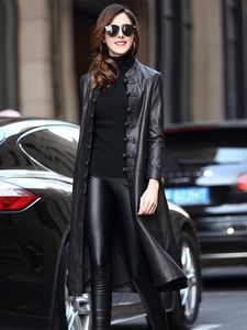 Kvinnorjackor Nerazzurri Autumn Long Black Soft Faux Leather Coat Women Sleeve Mandarin Collar Elegant Luxury Chinese Style Fashion 230310