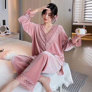 Women's Sleepwear Velour Pajamas Suit Women Homewear Lace V-Neck 2PCS Autumn Button-Down Loungewear Pyjamas Long Sleeve Sleep Set