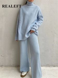 Women's Two Piece Pants REALEFT Autumn Winter 2 Sets Knitted Tracksuit Turtleneck Sweater and Wide Leg Jogging Pullover Suit 230310