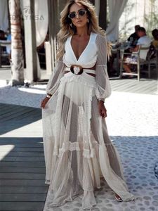 Women's Swimwear Sexy Deep V-neck Cut Out Long Sleeve Maxi Dress White Lace Tunic Women Clothes Summer Beach Wear Swim Suit Cover Up A1049 Y230311