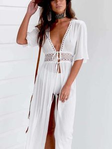 Kvinnors badkläder 3xl Beach Long Maxi Dress Women Bikini Cover Up Tunic Pareo White V Neck Robe Bathing Strandkläder Y230311