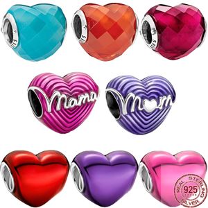 Pandora S925 Pure Silver Primitive Pink Purple Red Love Mother Heart Charm lämplig för armband DIY Fashion Jewelry