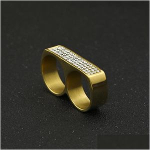 Anelli a fascia Mens Double Finger Ring Fashion Hip Hop Jewelry Alta qualità Iced Out Acciaio inossidabile Gold Drop Delivery Dhpdd