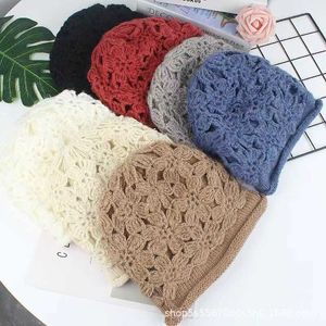 Fashion face mask neck gaiter New Korean double-layer Women's woven hook flower hollow pattern breathable knitted hat wool pile cap