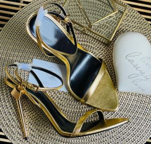 Brand High Heel Shoes Women Sandals Genuine Leather Thin Heels Black Gold Rose Yellow Silver White Red Wedding Shoes 34-44 with Box and Dust Bag