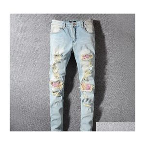 Jeans da uomo Mens Retro azzurro strappato cuciture rosa matita sottile goccia consegna abbigliamento abbigliamento Dhao7