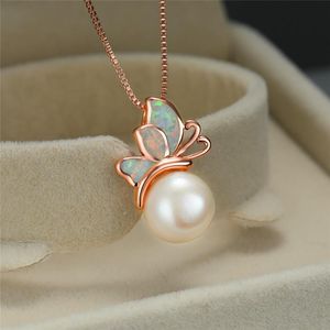 Pendant Necklaces Cute Female Blue White Opal Necklace Charm Butterfly Rose Gold Pearl For Women Dainty Animal Wedding NecklacePendant