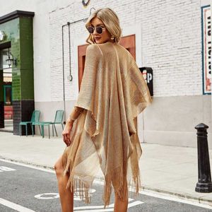 Women's Swimwear New Tassel Gold Bikini Beach Cover Up Sexy Dress Tunics for Women 2023 Summer Wear See Through Swimsuit Cover-ups Kaftan Y230311