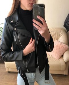 QNPQYX New Women Jacket Spring Autumn Black Faux Leather Jackets Zipper Basic Coat Turndown Collar Motor Biker Jacket With Belt2545385