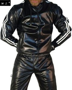 Men's Tracksuits PU Leather Gloss Wetlook Jacke Jacket Hoodie Jogging Suit Sportswear 230311
