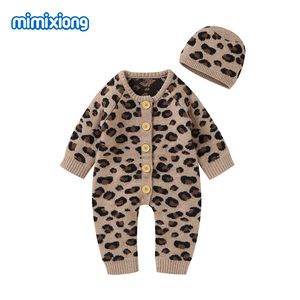 Strampler Baby Strampler Hüte Kleidung Sets Mode Leopard Gestrickte geborene Jungen Mädchen Overalls Outfit Herbst Winter Kleinkind Kleinkind Strickwaren 230311