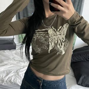 Kvinnors T-skjortor Autumn Women T-shirts Butterfly Print Crop Tops Långärmning Vintage Grunge Clothing Y2K Streetwear Corset Top