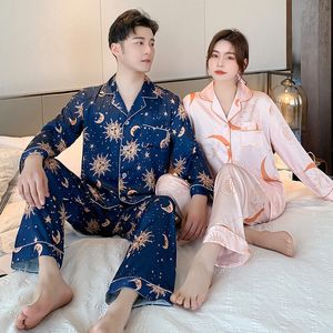 Men's Sleepwear FZSLCYIYI Summer Couple Sun Star Moon Printed Pajamas Lovers Men Women Long Sleeve Pants Sleepwear Satin Homewear Nightwear 230311