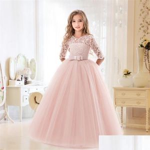 Flickans klänningar Nya tonårsflickor Princess Lace Solid Dress Kids Flower Brodery For Girls Children Prom Party Wear Red Ball klänning av DH0GQ