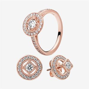 Luksusowe zestawy biżuterii ślubnej 18K Rose Gold Vintage Circle Circle Pierścień z oryginalnym pudełkiem do Pandora Real 925 Srebrne pierścienie Earrin249n
