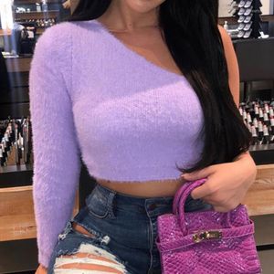 Damen T-Shirts Sexy Frauen Lavendel One Shoulder Langarm Flauschiges Crop Top Herbst Winter Slopping Faux Fur Short Club T-Shirt