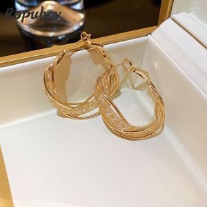 Hoopörhängen Ropuhov 14K Real Gold Plated Grid Twist for Women Girl Korean Fashion Jewelry S925 Silver Needle Zircon