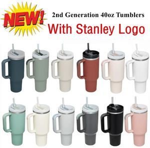 Stanley 40oz Stainless Steel Tumblers The Quencher H2.0 Mugs With Silicone Handle Lid Straw 2nd Generation Big Capacity Travel Car Cups Water Bottles bb0311