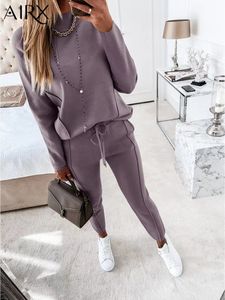 Women's Two Piece Pants AIRX Autumn Winter Hoodie Women Set Casual Suit Loose Long Sleeve Top Stand Collar Pocket Solid Color 230310