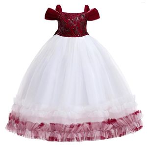 Girl Dresses Princess Lace Dress For Flower Kids Bridesmaid Long Gown With Bow Red Tulle Tutu Clothing Evening Party Wear