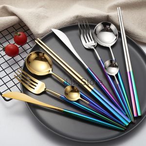 Rainbow Handle Knife Fork Spoon Chopsticks Rostfritt stål Guldsilver Silver Caffee Teskoon dessert Fork Köksbeteckna TH0867