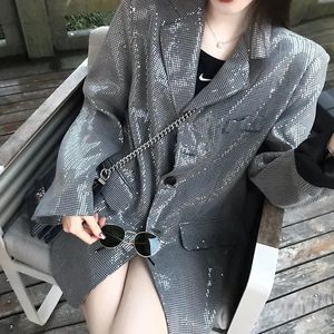 Womens Suits Blazers Korean Women Houndstooth Sequin Loose Casual Notched Collar Long Sleeve Single-breasted Office Lady Female Suit Jacket 230311