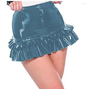 Skirts Sexy Pink Mini Ladies Leather Party Clubwear PVC Pole Dance Costumes Pencil Punk Pleated Ruffles Skirt