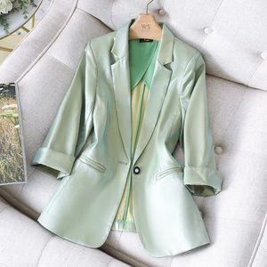 Women's Suits Blazers Women Satin Silk Blazers Autumn Solid Color Notched Collar Single Button Blazer Ladies OL Elegant Slim Glossy Suit Coat 230311