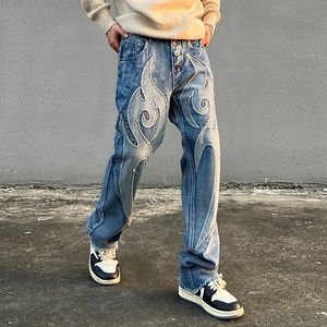 Mens Jeans High Street Solid Color Patchwork Skalls Embrodery Casual Denim Pants Men and Women Elastic midje Baggy byxor 230310