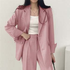 Kvinnors kostymer blazers Kvinnor Fashion Office Suit Top and Pant Loose Single Breasted Female Pantsuit Pink Blazers Coats Elegant Party Clothes Outterkläder 230311