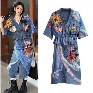 Work Dresses Women Heavy Embroidery Sequined Flower Appliques Short Batwing Sleeve Denim Coats Ruffles Long Cut Jeans Skirts SY054