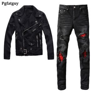 2023 Trainingspakken Heren Zwarte 2-delige broeksets Punk Slim Slant Zip Denim Jacket en Ripped Patch Stretch Jeans High Street Trendy Herenkleding