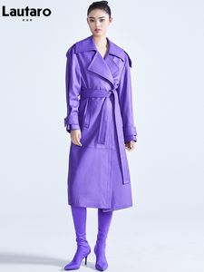 Kvinnorjackor Lautaro Spring Autumn Long Luxury Elegant Purple Colored Faux Leather Trench Coat for Women Sashes Runway Designer Fashion 230310