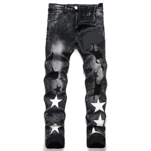 Aimirs jeans firmati jeans da uomo con stelle jeans da uomo pantaloni a matita vestibilità regolare ricamo lettera stampata cerniera fly jeans neri Motociclista Denim Uomo strappato