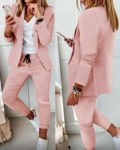 Zweiteilige Hosen für Damen, lässige Anzugteile für Frauen, schlichtes modisches Set, Herbst, weiblich, Umlegekragen, einreihiger, solider Blazer und 230310