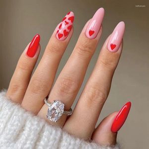 False Nails 24Pcs Valentine's Day Long Stiletto Detachable Fake Red Love Design Almond Press On Pink Sweet Nail Tips